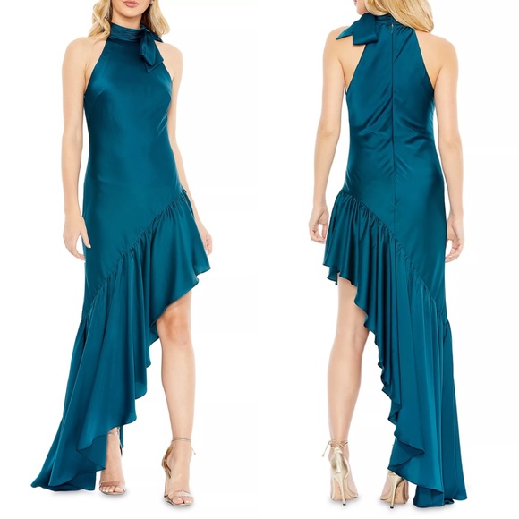 NEW MAC DUGGAL Teal SATIN Halter Neck RUFFLED Asymmetrical EVENING Dress GOWN 12 - Picture 1 of 16